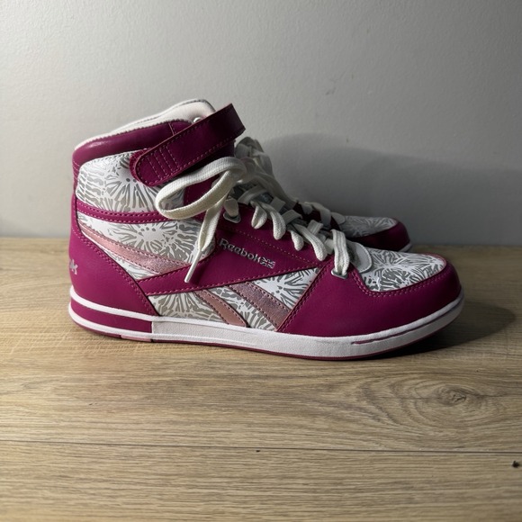 Reebok Freestyle Hi High Top Sneakers Pink White Pattern Womens Size 7 Aerobic - Picture 2 of 10